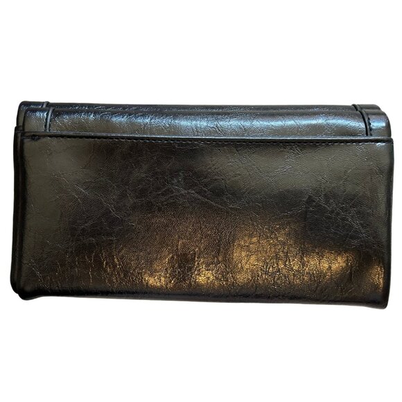 Womens Black Patent Faux Leather TriFold Wallet Silver Rivet Detail Zippered EUC - Picture 7 of 12